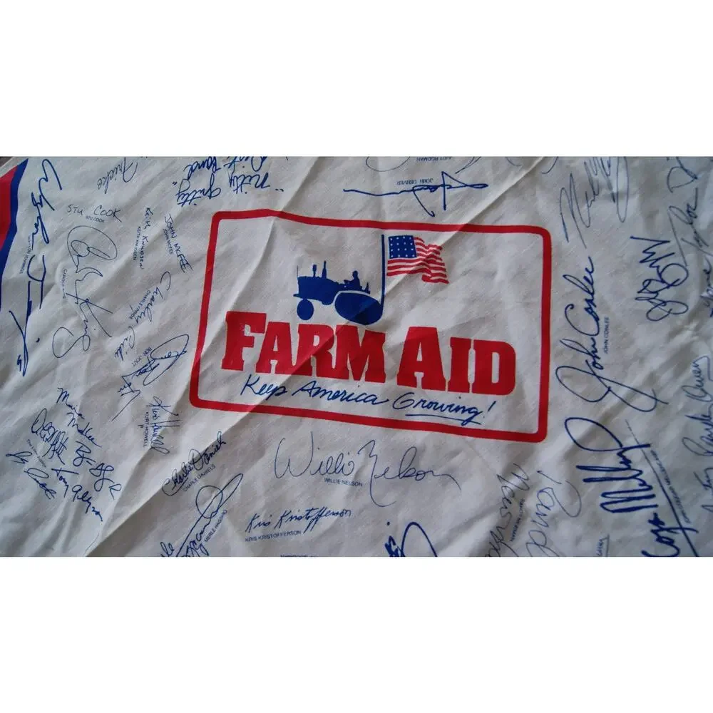 Vintage 1985 Farm Aid Benefit Bandana USA Printed Autographs Scarf Handkerchief